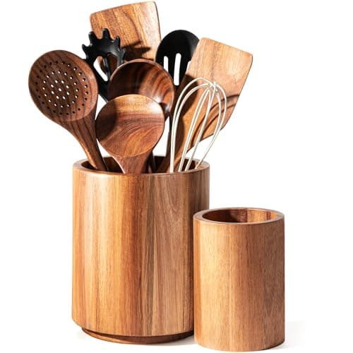 Criusia Utensil Holder 2 Pack, 360° Rotating Acacia Wood Cooking Utensil Crocks for Kitchen Counter, Farmhouse & Modern Decor, (1 Large,1 Small) - Image 1