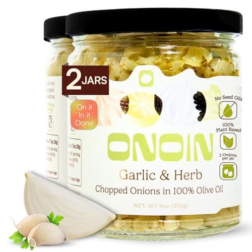 ONOIN Chopped Onions in 100% Olive Oil - Seed Oil Free & Ready-to-Use Flavor Base & Topping | Garlic & Herb Seasoning, 9 oz (Pack of 2) In Glass Jar | Fresh Marinated Onions & All Natural Cooking Base for Sauces, Soups, & Recipes - Image 1