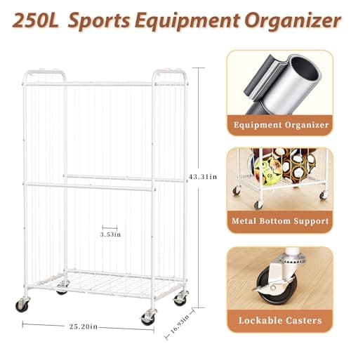 YKDIRECT 300L Rolling Ball Organizer with Locking Wheels - Large Sports Storage Basket for Basketball Soccer Football Volleyball, Steel Garage Equipment Cart with Elastic Rope for Household Storage - Thumbnail 3