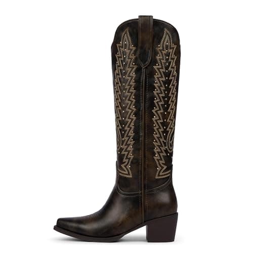 VIUGJNEX Dark Chocolate Brown Cowboy Boots for Women Knee High Western Cowgirl Boots Wide Calf Slip On Chunky Heel Pointed Toe Pull On Tall Boot for Party Concert Retro Classic Size 8.5 - Thumbnail 4