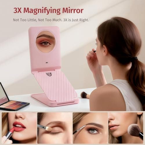 INFOOD Travel Makeup Mirror - Rechargeable LED Vanity Mirror 7.8x5 Inches with 1X/3X Magnifying, 3 Color Dimmable Light, Touch Screen, Foldable Design with Stand, Portable for Travel & Cosmetic, Pink - Thumbnail 3