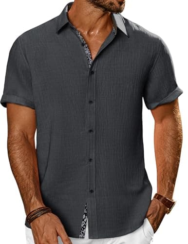 PJ PAUL JONES Men's Button Down Short Sleeve Shirt Casual Summer Beach Textured Wedding Shirts Dark Grey - Image 1