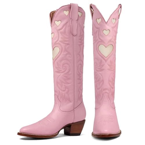 POYOIOR Pink Cowboy Knee High Boots for Women Wide Calf Round Toe Chunky Stacked Heel Western Cowgirl Boot Heart Pattern Classic Embroidered Vintage Tall Booties Pull on 2025 Fall Winter Size 10 - Image 1