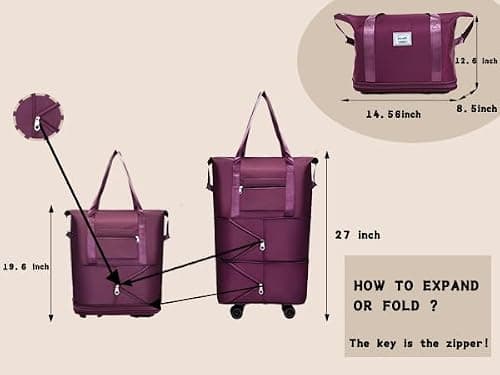 NiceUU Travel Rolling Duffel Bag with Removable Wheels,Expandable Foldable Carry-On Luggage for Trip Hospitalization,Duffle Bag for Travel, Sports,Shopping Fitness & Workout (purple) - Thumbnail 6