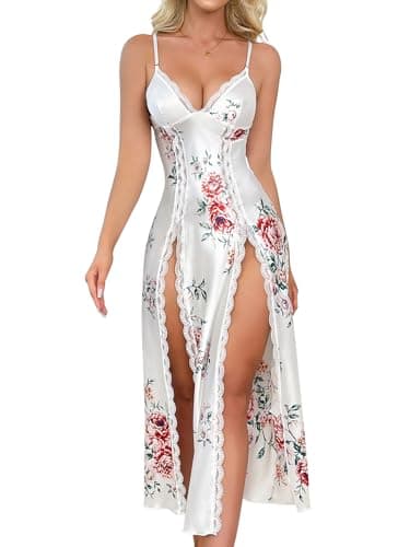 CRIPOM Lingerie Dress for Women V Neck Long Sexy Nightgowns for Women Side Split Sexy Night Gowns White Floral M - Image 1