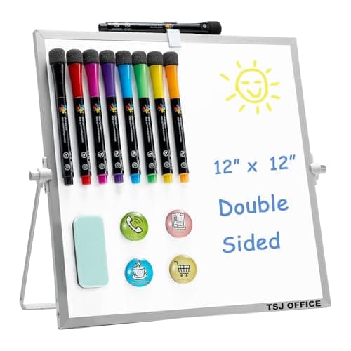 TSJ OFFICE Small White Board - 12 X 12 Inches Small Magnetic Dry Erase Board with Hooks for Wall, Desktop Whiteboard Stand 360 Degrees Revolving Double Sided for Office, Home, School, Silver - Image 1