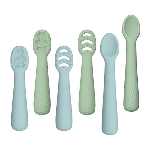 Baby Spoons Self-Feeding 6+ Months, 6 Pack Silicone Training Spoon Set for Baby Led Weaning, 3-Stage & Easy Grip First Utensils for Toddlers Learning Eating Essentials, Dishwasher Safe (Blue Green) - Image 1