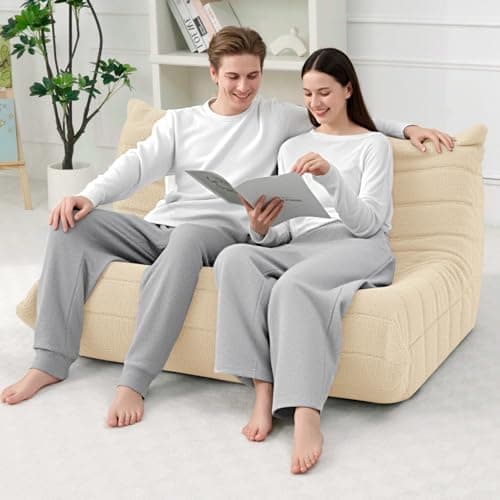 HABUTWAY Bean Bag Chairs Fireside Lazy Floor Sofa, Soft Teddy Fleece 2 Seater Sofa with High-Resilience Foam Filling，Beanbag for Living Room, Bedroom, Office (Khaki Teddy) - Thumbnail 4