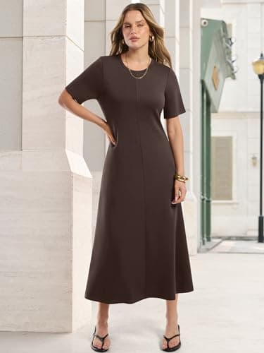 ANRABESS Womens Summer Maxi Dresses Casual Short Sleeve Elegant Classy Vintage 2026 Spring Flowy Cocktail Dress 80s Outfit Brown Small - Thumbnail 2