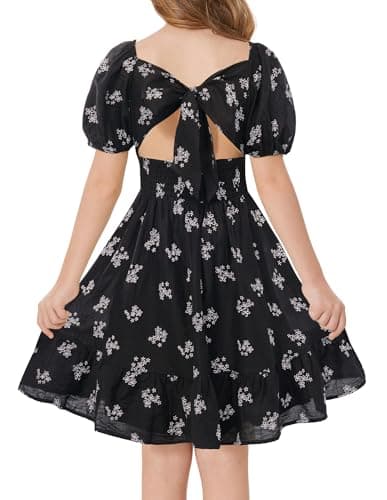 GRACE KARIN Girls Summer Tie Back Dress Square Neck Lantern Sleeve Ruffle Hem Elegant Dresses Black 8Y - Image 1