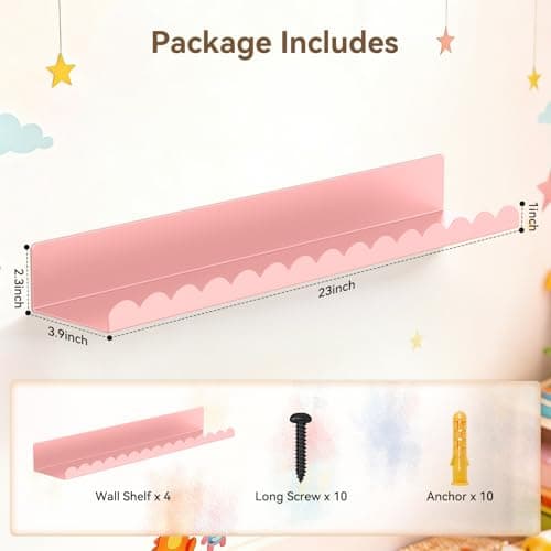 Gattlukd Floating Shelves for Wall, 23 Inch Metal Nursery Book Shelves 4 Pack, Wall Mounted Book Shelf for Kids Room, Bedroom, Bathroom, Playroom Decor (Pink) - Thumbnail 2