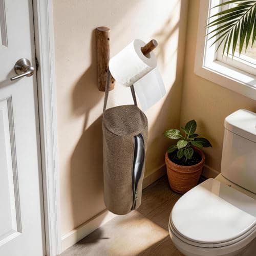 Wooden Toilet Paper Holder Wall Mount - Self-Adhesive Bathroom Tissue Holder, Retro Bohemian Farmhouse Style, No Drilling for Small Spaces Bathrooms RVs and More - Walnut Color - Thumbnail 6