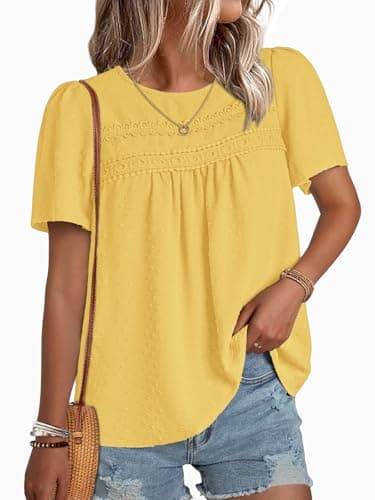 NORACORA Womens Summer Tops Crewneck Short Sleeve Shirts Casual Chiffon Boho Babydoll Blouses Flowy Lace Hem Boho Clothing Trendy 2026 Yellow L - Image 1