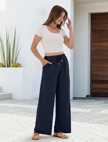 ZAFUL Womens Baggy Wide Leg Pants Cotton Casual Elastic Waist Lounge Palazzo Sweatpants Navy Blue L - Thumbnail 4