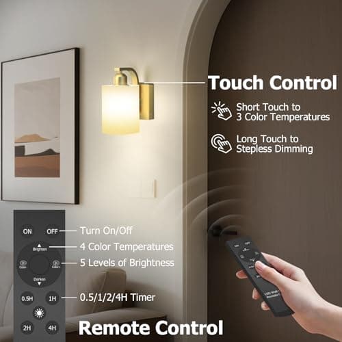 iThird Battery Operated Wall Sconces Set of 2: 6000mAh Rechargeable Wall Light with Touch and Remote, Wireless Wall Lamp for Bedroom, Gold Modern Cordless Wall Scones for Living Room Hallway Bathroom - Thumbnail 6
