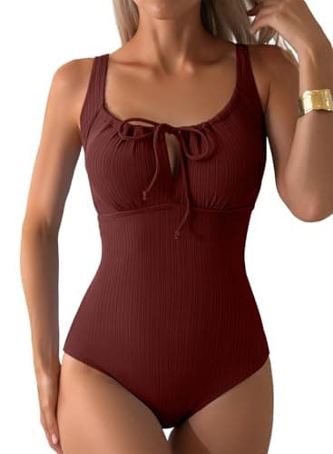 Aleumdr Women's Textured Swimsuits Tie Knot Tummy Control One Piece Swimwear Modest Vintage Bathing Suits with Cutout Burgundy Red Medium