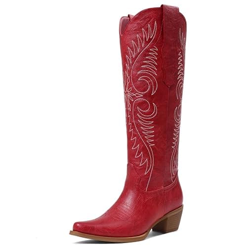 Erocalli Wide Calf Cowboy Boots Women Red Knee High Western Cowgirl Boots 2026 - Fashion Embroidered, Snip Toe, Pull On, Tall Boots, Low Heel, Music Festivals, Trendy Outfits - Image 1