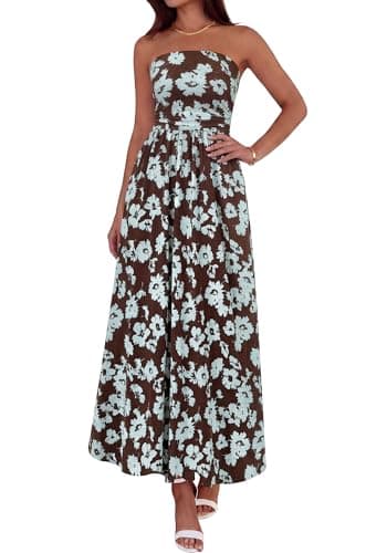 BTFBM Summer Maxi Dresses for Women 2026 Strapless Tube Top Floral Spring Wedding Guest Dress Beach Vacation Outfits(Coffee Blue Flower, Large) - Image 1