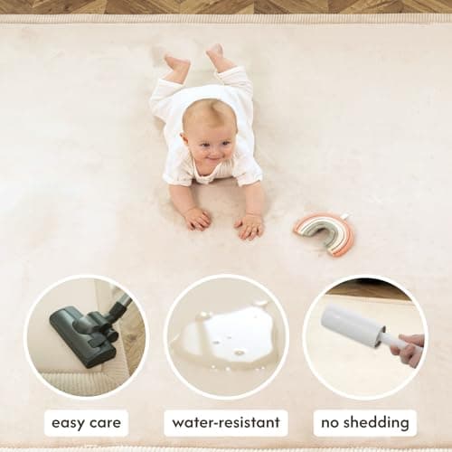 Hakuna Matte CloudSoft Baby Play Mat for Floor 47" x 67" Beige – Coral Velvet Memory Foam Rug for Crawling & Cozy Play – Non-Slip, Water-Resistant, Easy-CareTummy Time Mat, Playmat for Playpen - Thumbnail 4