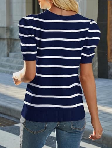 Sampeel Womens Tops Short Sleeve T Shirts Spring Summer Women's Clothing Cruise 2026 Ladies Tops and Blouses Business Casual Outfits Loose Fit Plus Size Sweater Striped Navy Blue 2XL - Thumbnail 5