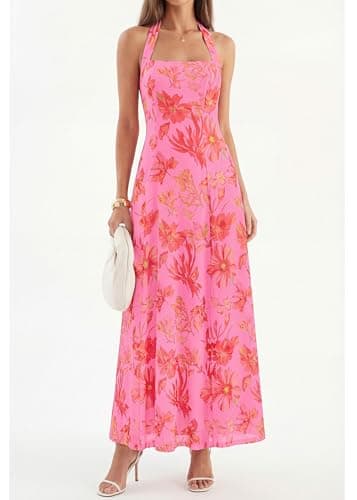 KIRUNDO Women Halter Floral Maxi Dress 2026 Summer Wedding Guest Cocktail Party Sleeveless A Line Beach Vacation Sundress(Pink, XX-Large) - Thumbnail 2