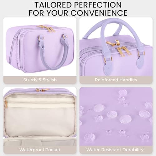 Travel Makeup Bag for Women Fashion Large Capacity Pouch Open Flat Cosmetic Portable Organizer Waterproof Large Opening Storage Toiletry Bags Vertical Free-Standing Brush Holder for Easy Access Purple - Thumbnail 5