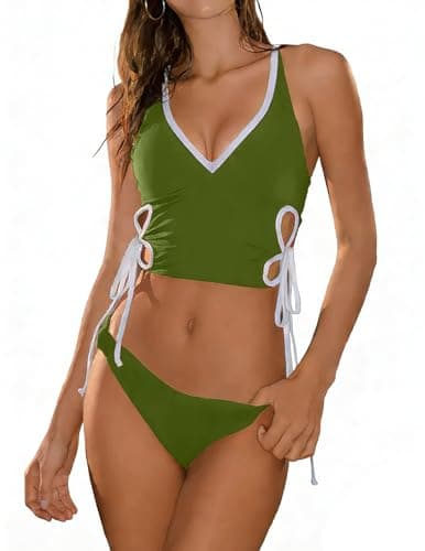 ZAFUL Vibrant Swimsuits for Women Floral Cutout Tankini Ruched Lace up Bathing Suits Retro Two Piece Modest Vintage Bikini Green L - Image 1