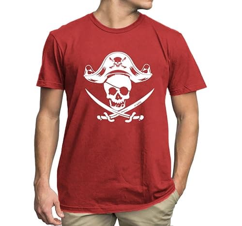 Mens Skeleton Shirt Red Pirate Shirt Skull and Crossbones Tshirt Pirate Theme Causal Short Sleeve Tee Top - Image 1