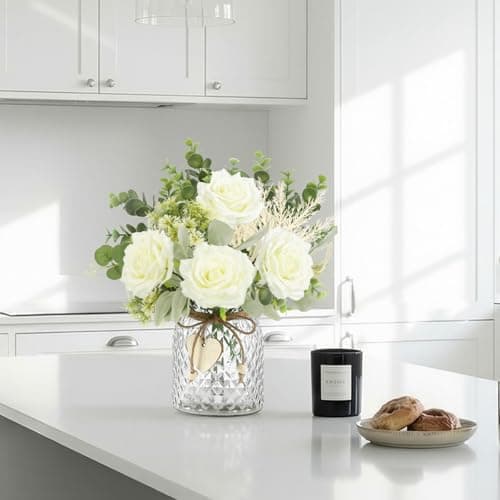 HOHOTIME Artificial Flowers with Vase, White Silk Roses Fake Flower Arrangement with Eucalyptus, Faux Plant Vase for Home Office Dining Table Centerpiece Coffee Table Decor Farmhouse Decoration - Thumbnail 4