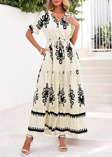 Lazysmile Summer Dresses for Women Short Sleeve V Neck Floral Drawstring Flowy A Line Boho Maxi Dress with Pockets Apricot - Thumbnail 3
