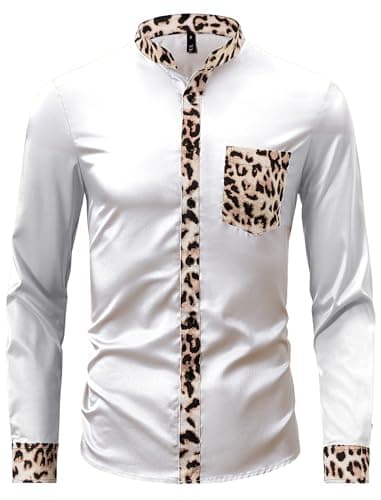 ZAFUL Men's Hipster African Tribal Graphic Patchwork Design Slim Fit Long Sleeve Button up Mandarin Collar Shirts (White Leopard XXL)
