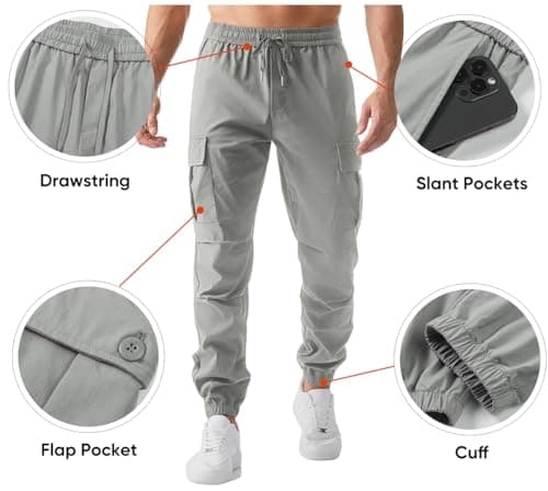 JMIERR Men's Blue Cargo Pants Stretchy Elastic Waist Drawstring Joggers Pants Casual Cargo Pants 2024 Tapered Sweatpants with Multi Pocket,US 40(2XL),Light Grey - Thumbnail 4