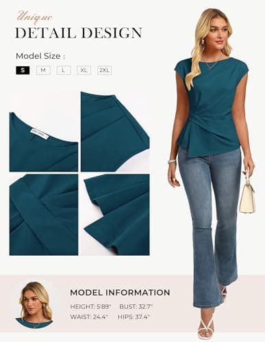 GRACE KARIN Womens 2026 Summer Short Sleeve Tops, Dressy Casual Peplum Shirts Outfit, Tunic Blouses Trendy Fashion Clothes Peacock Blue S - Thumbnail 5