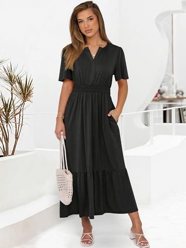 ANRABESS Women's Summer Short Sleeve Maxi Dress 2026 Casual V Neck High Waist A-Line Flowy Loose Tiered Boho Long Dresses Black Large - Thumbnail 2
