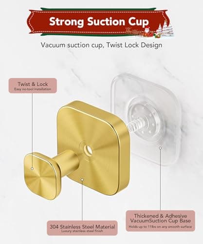 Niifawh 3Pcs Suction Cup Hooks for Shower, Suction Cup Hooks, Removable Waterproof Towel Hooks for Shower, Bathroom, Kitchen, Glass Door, Mirror, Tile, Bath Robe Looafh Wreath Hook for Hanging, Gold - Thumbnail 5