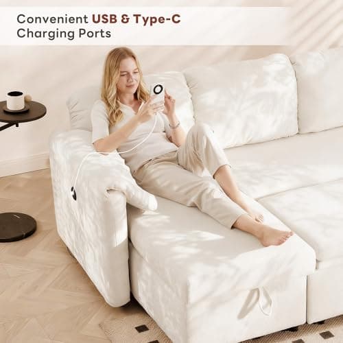 Tbfit 83'' Sleeper Sofa Bed with USB & Storage Chaise, Convertible Pull Out Sofa Bed, Couches for Living Room, Dorm, RV, Small Spaces, White Sherpa - Thumbnail 6