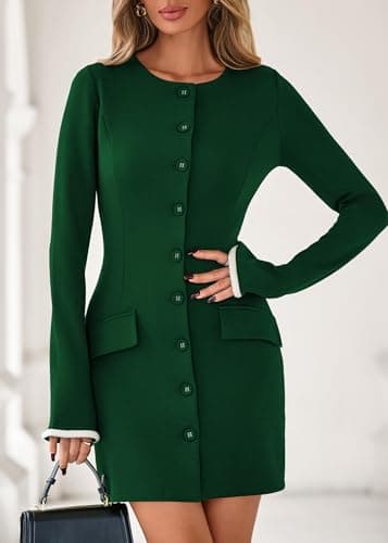 Lazysmile Women's Casual Dresses Long Sleeve Boat Neck Button Down Bodycon Mini Fall Party Club Cocktail Dresses for Women Dark Green - Thumbnail 3