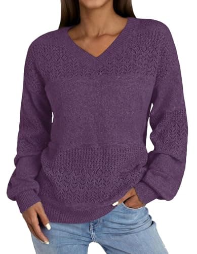 NORACORA Women's V Neck Fall Sweaters Crochet Soft Lightweight Ribbed Knit Loose Pullover Sweater Long Sleeve Tops 2025 Trendy Outfits Purple - Image 1