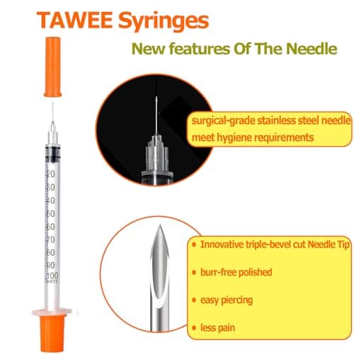 TAWEE 1CC Syringes with 30G 5/16" (8mm Long) Needle, U-100 Disposable Sample Syringe with Triple-Bevel Cut Needle Tip 1ml Lab Syringe 14 Pack - Thumbnail 4
