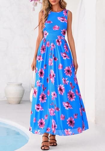 BTFBM Summer Dresses for Women 2026 Floral Maxi Dress Sleeveless Mesh Flowy Spring Wedding Guest Dress Long Sundresses(Blue Red Flower, Small) - Thumbnail 4