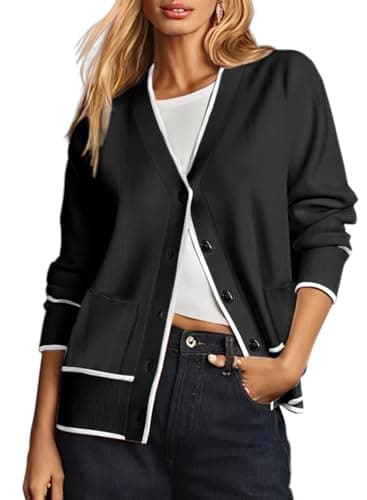 Dokotoo Short Cardigans for Women Open Front Button Down Lightweight Fashion Color Blocked Spring Knit Sweaters for Summer with Pockets,Black Small - Image 1