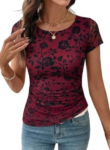SHEWIN Womens Tops Casual Crew Neck Short Sleeve Shirts for Women Lightweight Floral Asymmetrical Tops for Women Pullover Cute Summer Tops for Women,(US 12-14) L,Purple - Image 1