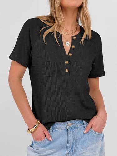 ANRABESS Women Waffle Knit Tops Short Sleeve Henley Shirts Dressy Casual Blouse 2026 Spring Fashion Outfits Trendy Clothes Black X-Large - Thumbnail 2