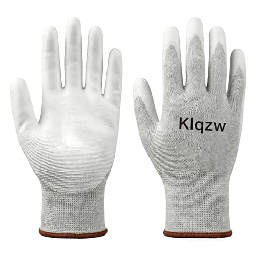Klqzw PU Coated Work Gloves for Men Women, 6 Pairs 13G Seamless Knit Touchscreen Compatible, Non-Slip Breathable Abrasion Resistant, Mechanic Warehouse Construction Woodworking Gardening DIY, White L