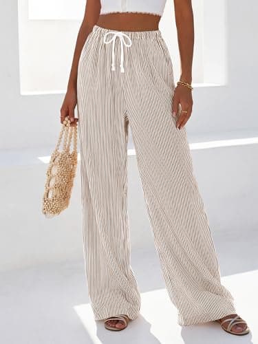 BTFBM Striped Wide Leg Pants for Women Spring Summer 2026 Drawstring Lounge PJ Beach Bottoms Casual Trousers Pockets(Brown, Small) - Thumbnail 2