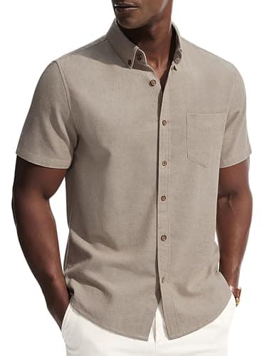 PJ PAUL JONES Mens Dress Shirts Short Sleeve Button Down Men Cotton Linen Summer Beach Collar Shirt with Pocket for Formal Work Beige - Image 1