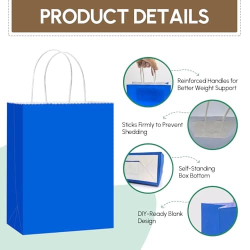 Qioxiou 60 Pack Blue Gift Bags 8.27x4.33x10.63 Medium Size Kraft Paper Bags with Handles Bulk for Birthday Wedding Party Favors Grocery Retail Shopping Business Goody Craft Gift Bag Sacks - Thumbnail 3