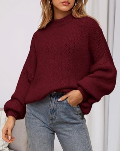 BTFBM Sweaters for Women Fall 2026 Crew Neck Lantern Long Sleeve Oversized Sweater Casual Knit Winter Pullover Tops(Wine Red, X-Large) - Thumbnail 4