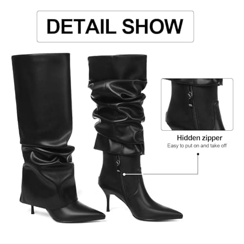 COMFITORIA Womens Knee High Boots, Fold Over Shark Boots Stiletto Heels Slouchy Long Boot Pointed Toe Thigh High Dress Shoes Sexy Fashion Tall Boot for Women with Zipper - Thumbnail 5