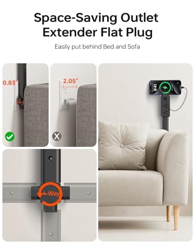 Electrical Outlet Extender Stick Black with 4-Way Flat Plug | Extends 8"-36" | Outlet Extender with 2AC Outlets, 2USB-A & 1USB-C Ports | Socket Expander Access Hard-to-Reach Outlets Bed Sofa Behind - Thumbnail 3